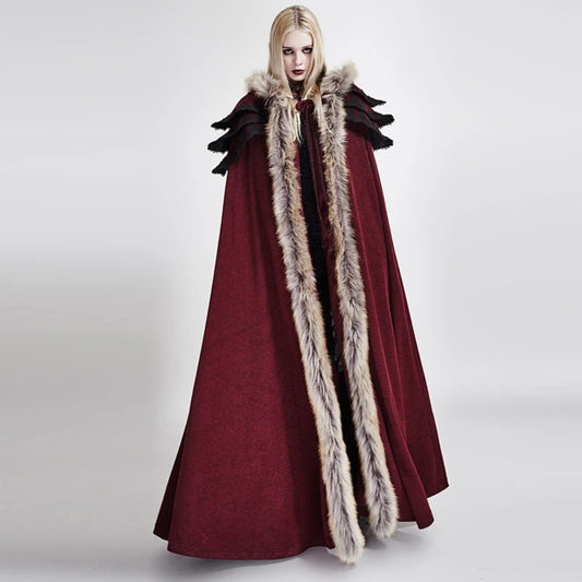 Gothic Renaissance Fur-Trimmed Hooded Women's Medieval Cloak with Ruffled Collar