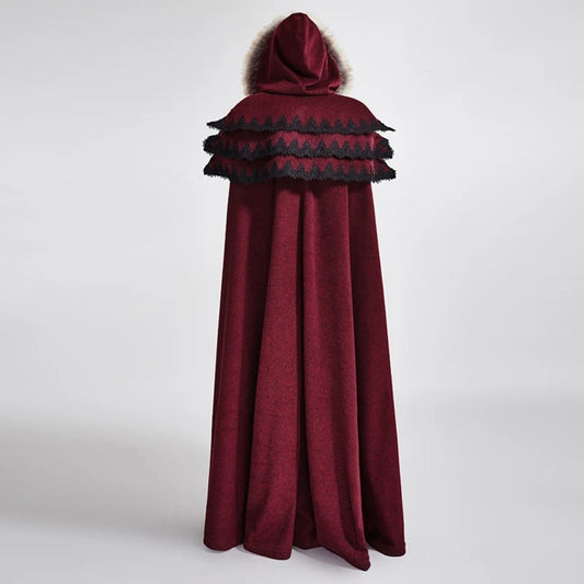 Gothic Renaissance Fur-Trimmed Hooded Women's Medieval Cloak with Ruffled Collar