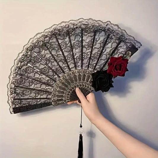 Luxurious Edwardian Vintage Black Lace Women's Folding Hand Fan with Roses