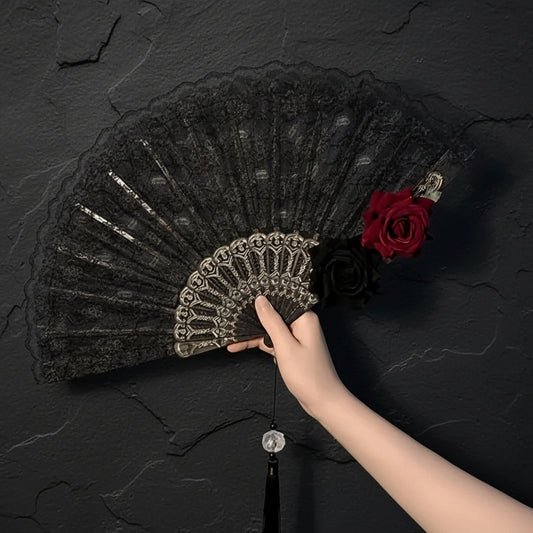 Vintage Edwardian Black Lace Women's Folding Hand Fan with Rose Detailing