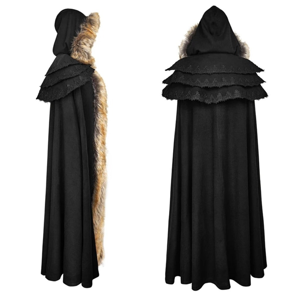 Gothic Renaissance Fur-Trimmed Hooded Women's Medieval Cloak with Ruffled Collar