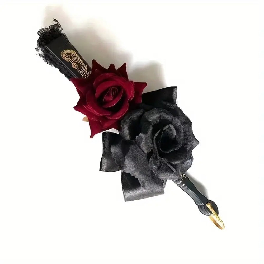 Luxurious Edwardian Vintage Black Lace Women's Folding Hand Fan with Roses