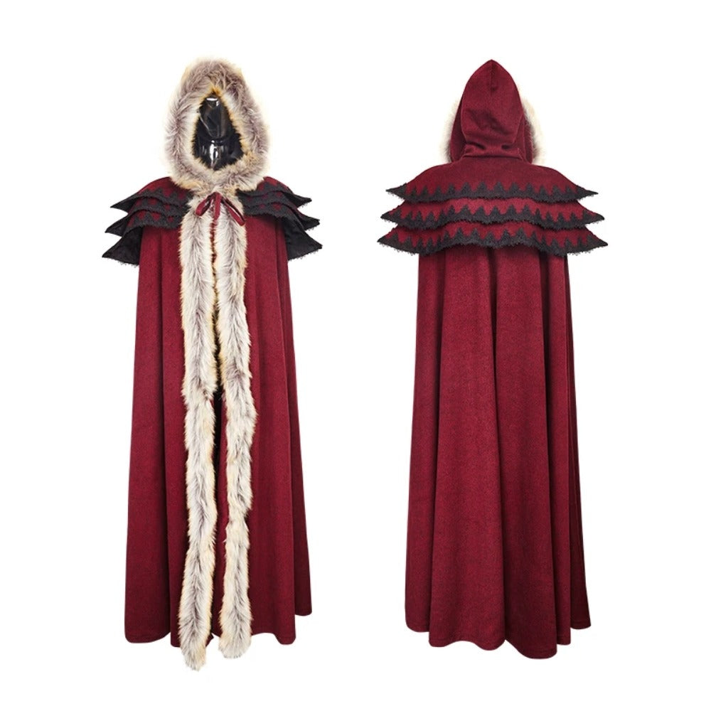 Gothic Renaissance Fur-Trimmed Hooded Women's Medieval Cloak with Ruffled Collar