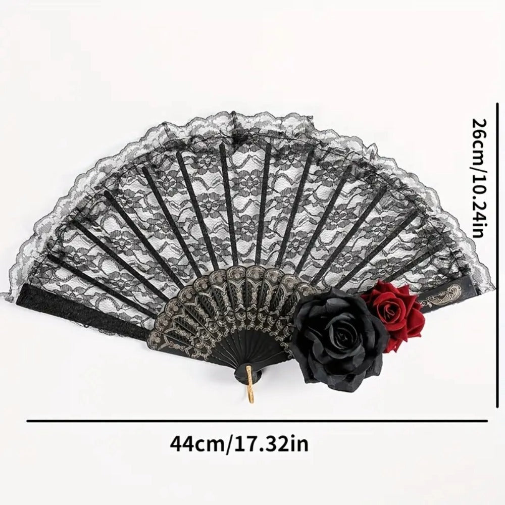 Luxurious Edwardian Vintage Black Lace Women's Folding Hand Fan with Roses