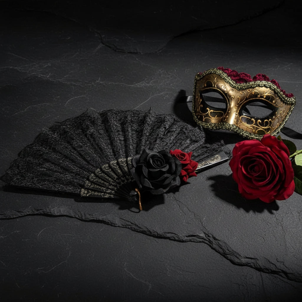 Vintage Edwardian Black Lace Women's Folding Hand Fan with Rose Detailing