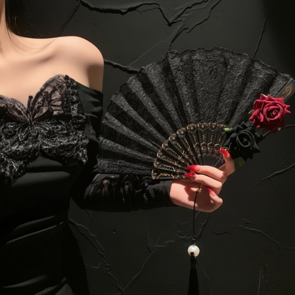 Vintage Edwardian Black Lace Women's Folding Hand Fan with Rose Detailing