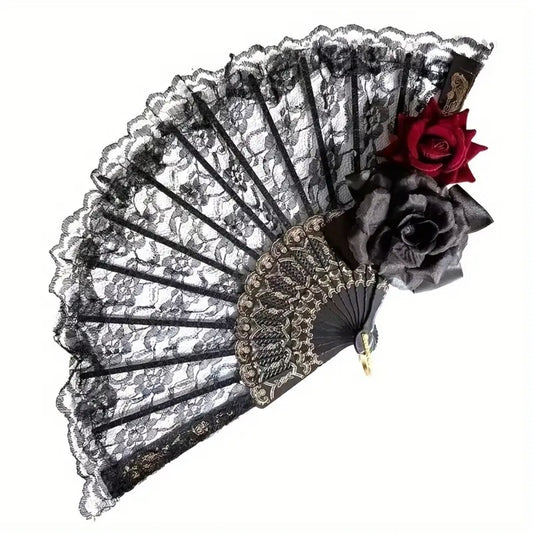 Luxurious Edwardian Vintage Black Lace Women's Folding Hand Fan with Roses