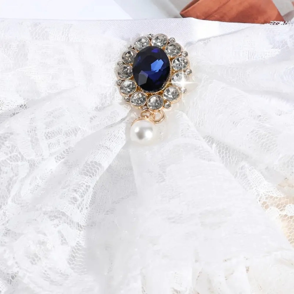 Victorian Jabot Lace Neckwear - Unisex Historical Ruffled Collar with Gemstone Detail