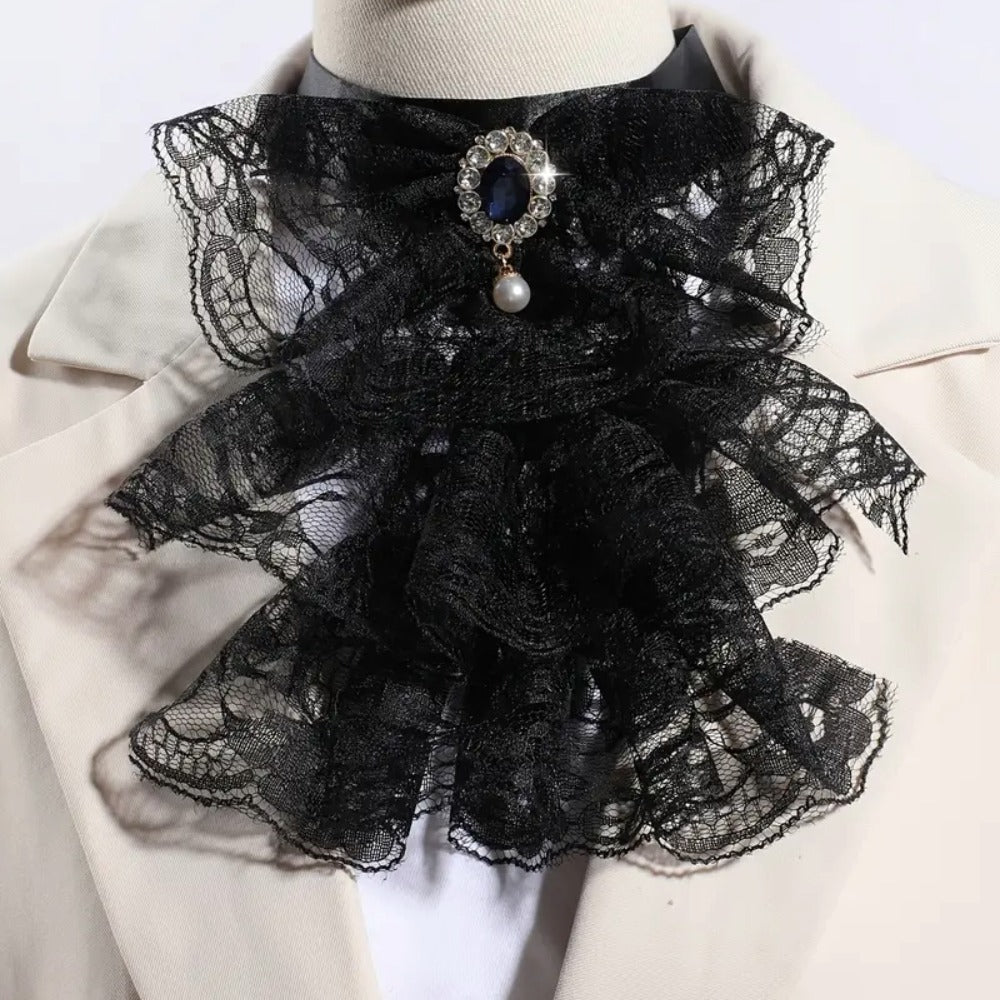 Victorian Jabot Lace Neckwear - Unisex Historical Ruffled Collar with Gemstone Detail