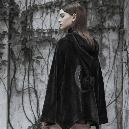Women's Renaissance Gothic Black Velvet Short Embroidered Crescent Moon Hooded Cloak
