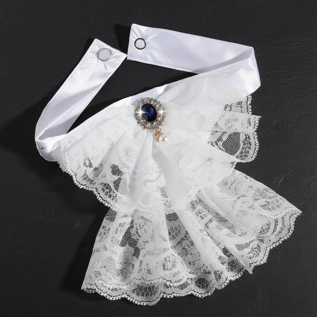 Victorian Ruffled Lace Jabot Collar with Brooch Detail