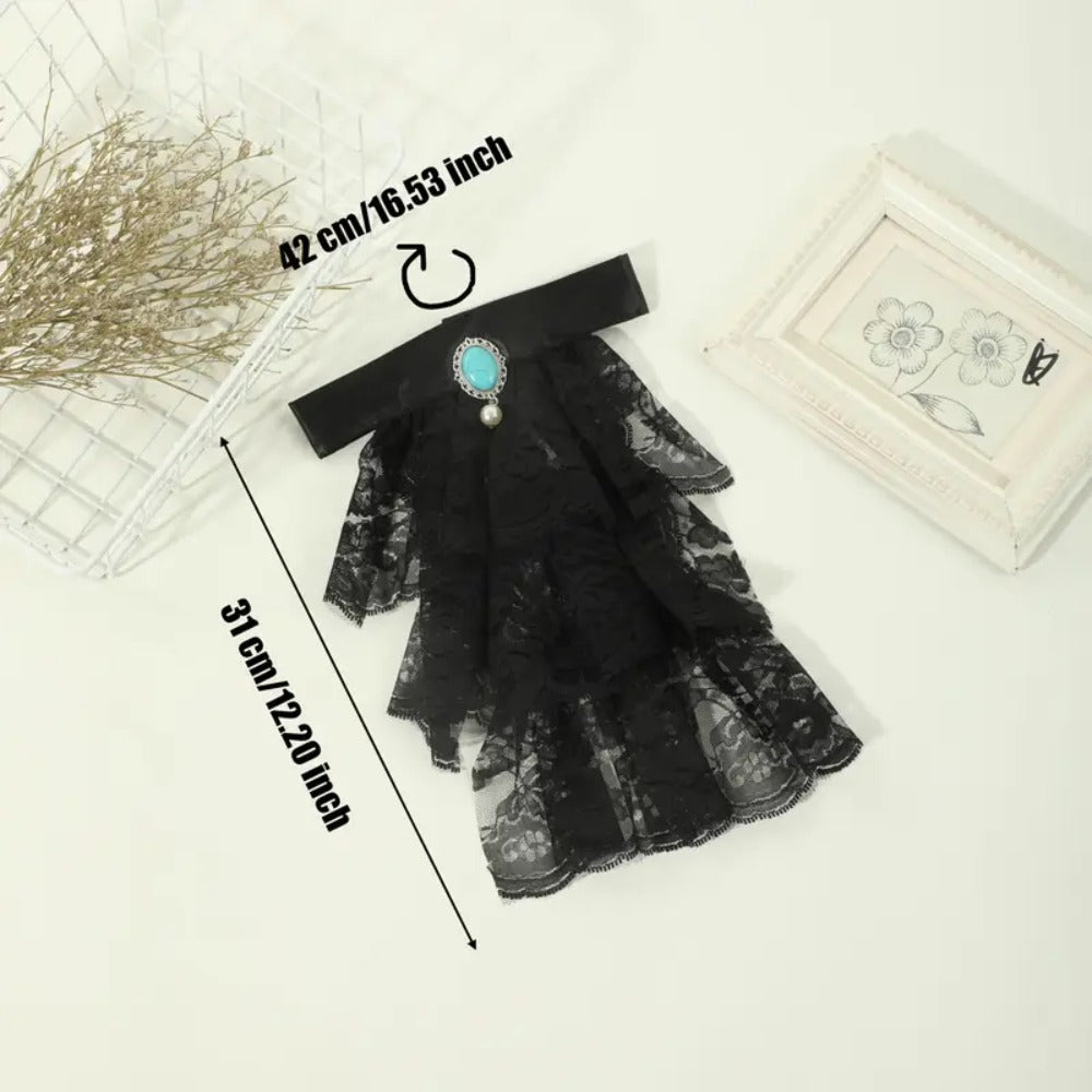 Victorian Jabot Lace Neckwear - Unisex Historical Ruffled Collar with Gemstone Detail