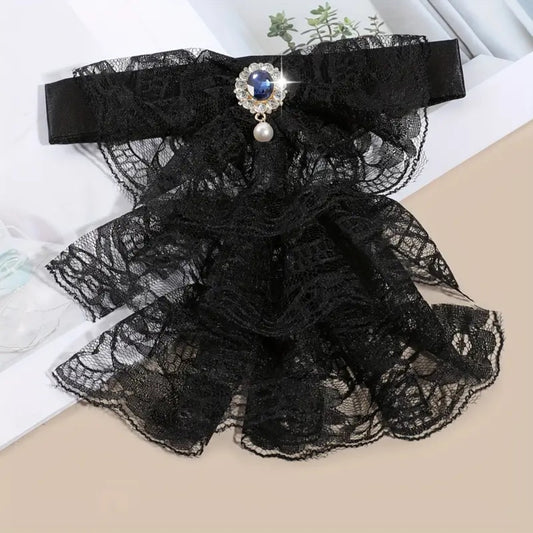 Victorian Jabot Lace Neckwear - Unisex Historical Ruffled Collar with Gemstone Detail