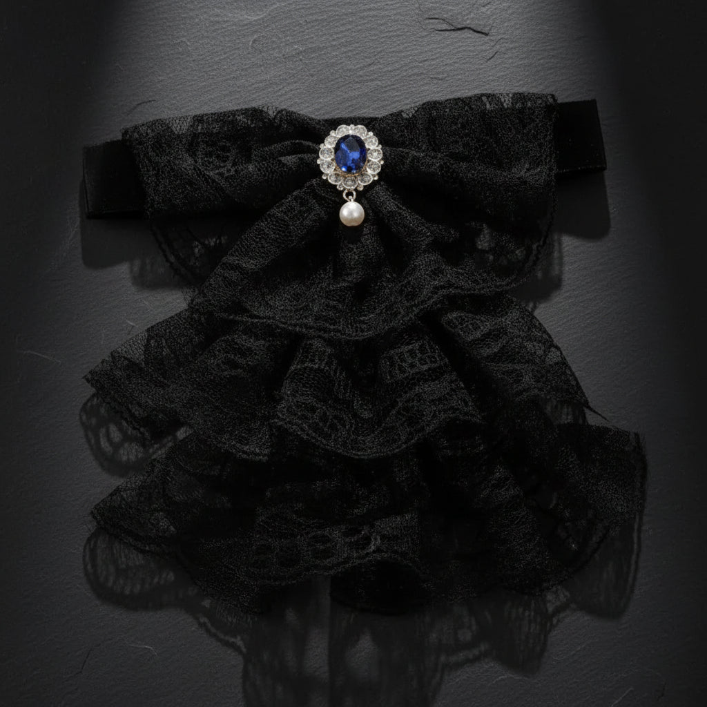 Victorian Ruffled Lace Jabot Collar with Brooch Detail
