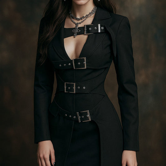 Women's Vintage Gothic Punk Black Asymmetrical Belted Long Trench Coat