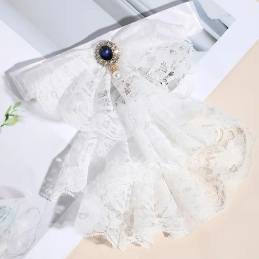 Victorian Jabot Lace Neckwear - Unisex Historical Ruffled Collar with Gemstone Detail