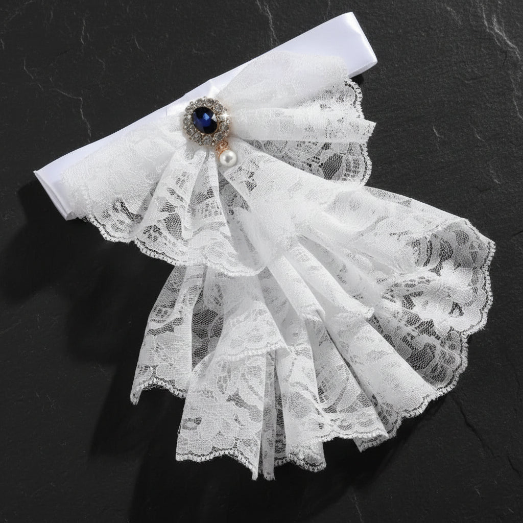 Victorian Ruffled Lace Jabot Collar with Brooch Detail