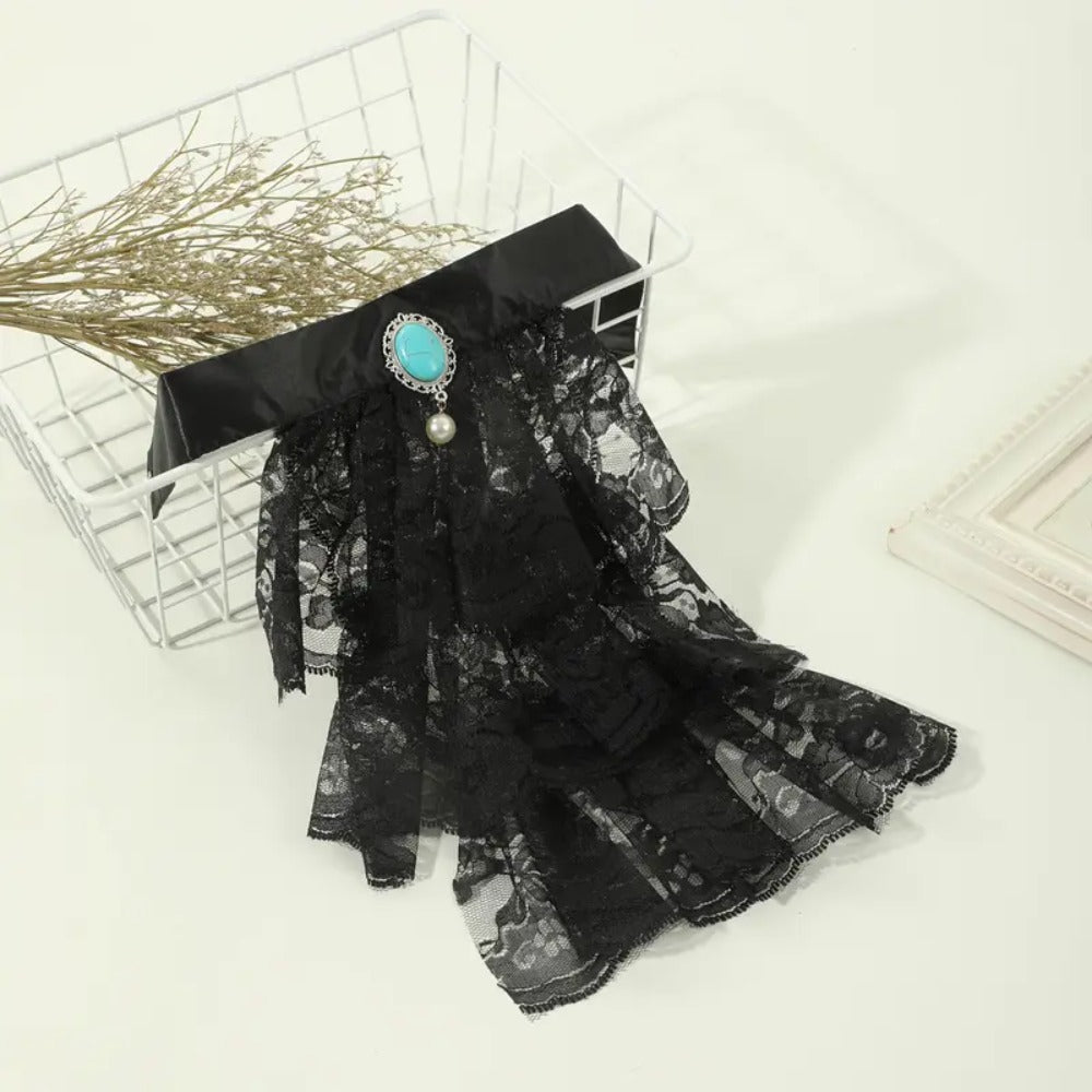 Victorian Jabot Lace Neckwear - Unisex Historical Ruffled Collar with Gemstone Detail