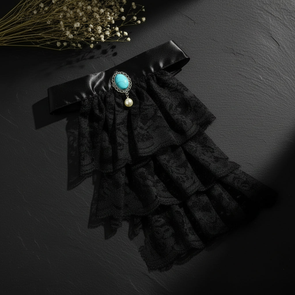 Victorian Ruffled Lace Jabot Collar with Brooch Detail