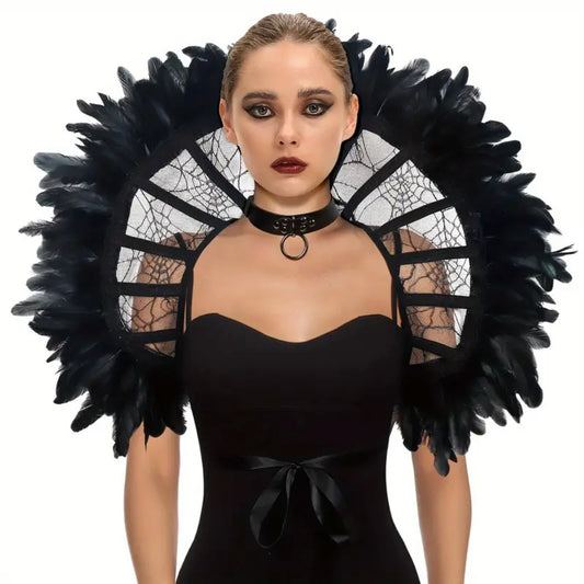 Victorian Gothic Feather Women's Stand-Up Lace & Feather Collar