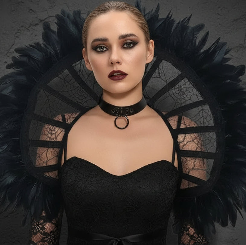 Victorian Gothic Feather Women's Stand-Up Lace & Feather Collar