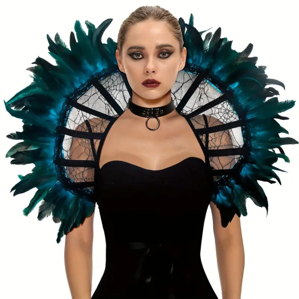 Victorian Gothic Feather Women's Stand-Up Lace & Feather Collar