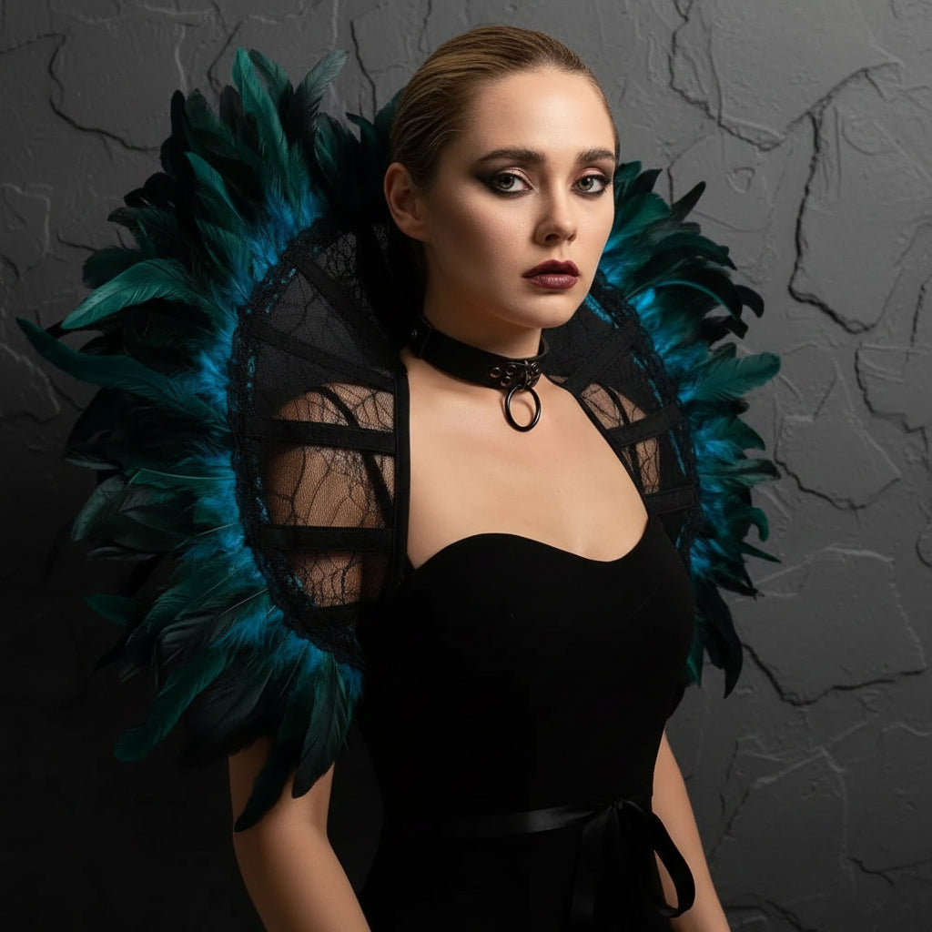 Victorian Gothic Feather Women's Stand-Up Lace & Feather Collar