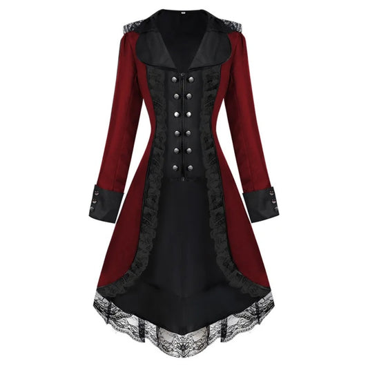 Women's Gothic Victorian Steampunk Embroidered Long Tailcoat Jacket with Lace Trim
