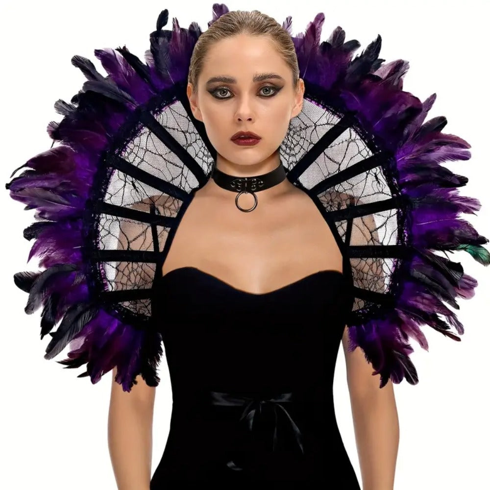 Victorian Gothic Feather Women's Stand-Up Lace & Feather Collar
