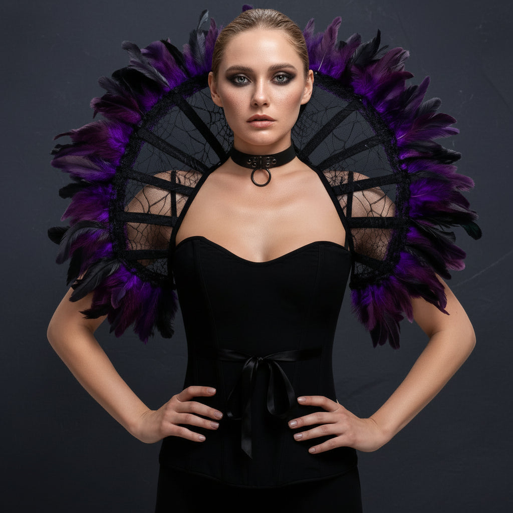 Victorian Gothic Feather Women's Stand-Up Lace & Feather Collar