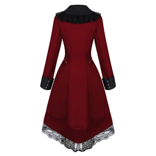 Women's Gothic Victorian Steampunk Embroidered Long Tailcoat Jacket with Lace Trim
