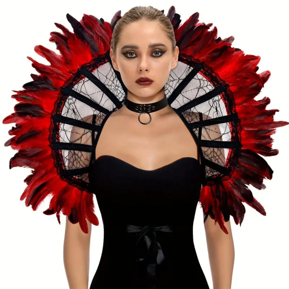 Victorian Gothic Feather Women's Stand-Up Lace & Feather Collar