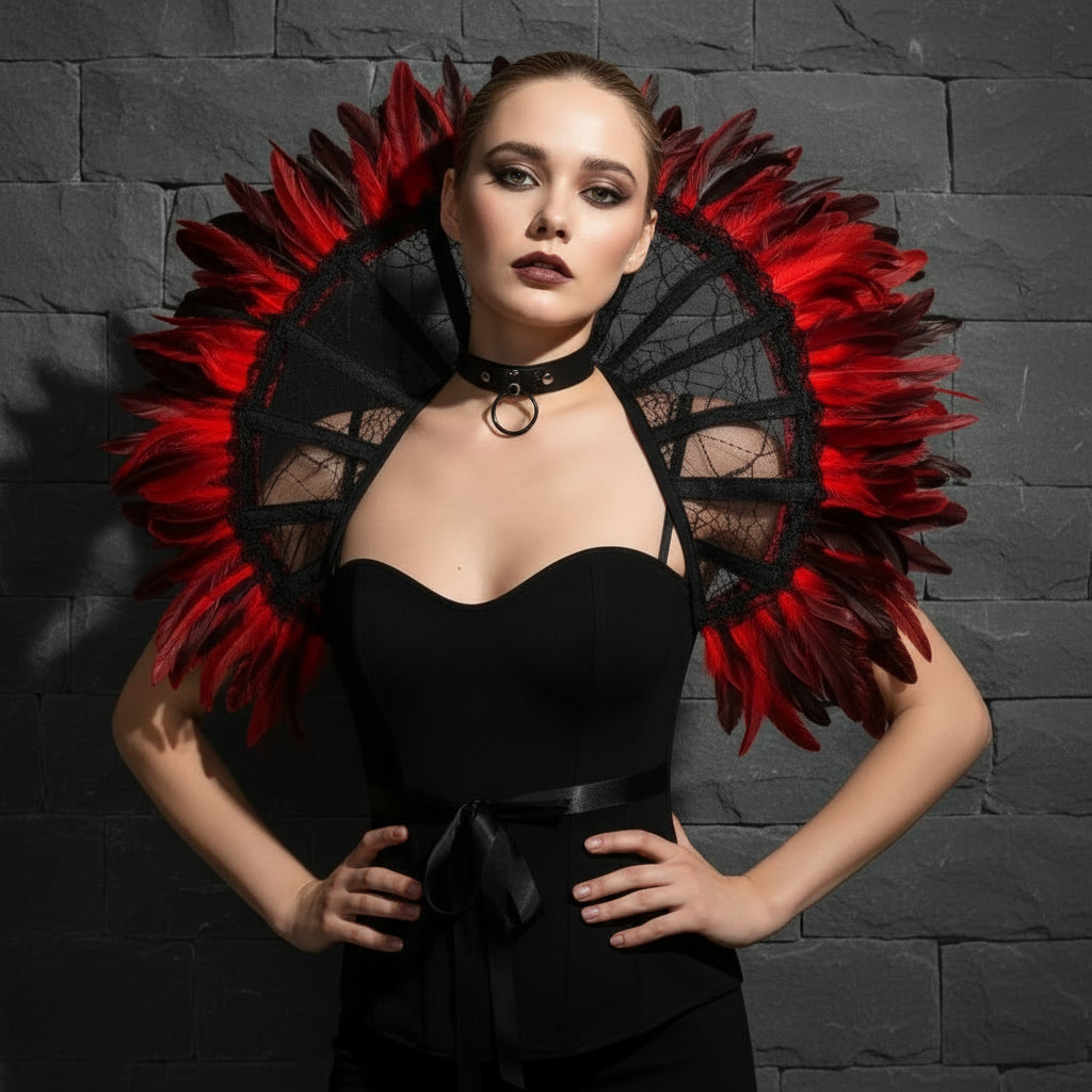 Victorian Gothic Feather Women's Stand-Up Lace & Feather Collar