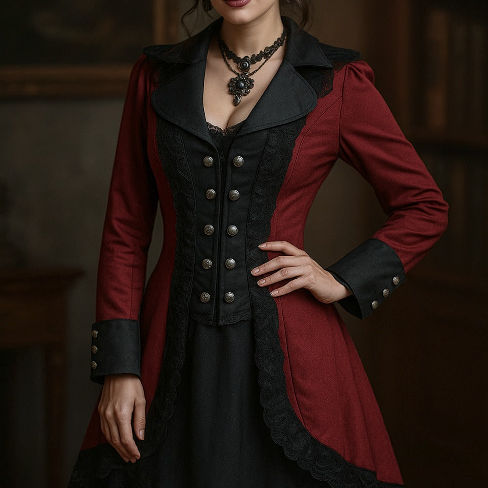 Women's Gothic Victorian Steampunk Embroidered Long Tailcoat Jacket with Lace Trim
