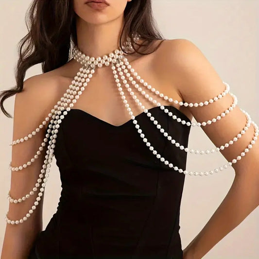 Women's Luxury Vintage Multi-Layered Draped Pearl Shoulder Necklace Choker