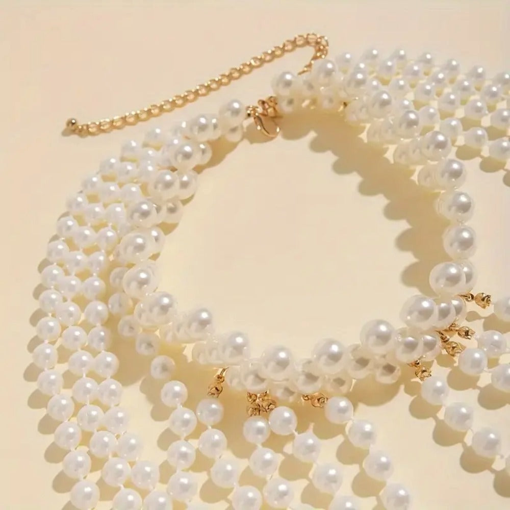 Women's Luxury Vintage Multi-Layered Draped Pearl Shoulder Necklace Choker