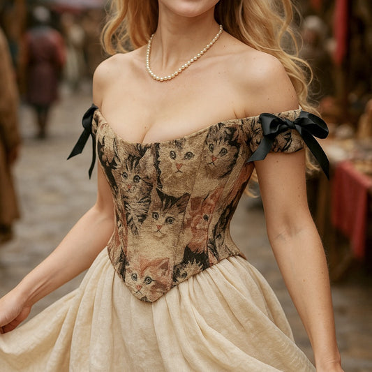 Vintage Cat Tapestry Style Print Off Shoulder Overbust Corset Top