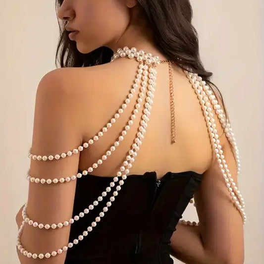 Women's Luxury Vintage Multi-Layered Draped Pearl Shoulder Necklace Choker