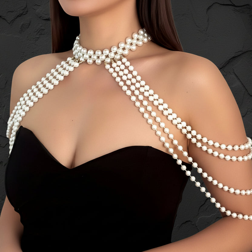 Women's Luxury Vintage Multi-Layered Draped Pearl Shoulder Necklace Choker