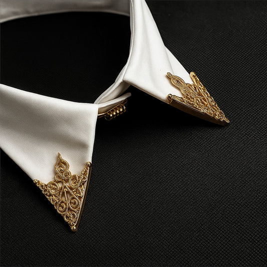 Women's Vintage Baroque Filigree Gilded Shirt Collar Corner Ends Triangle Brooch