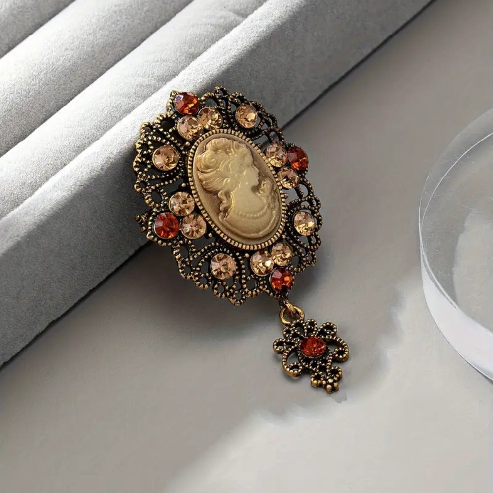 Women's Jeweled Antique Cameo Brooch with Ornate Frame & Vintage Portrait