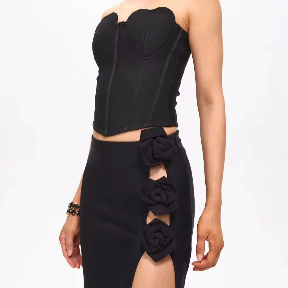 Women's Black High Slit Maxi Evening Skirt with Rose Embellishments