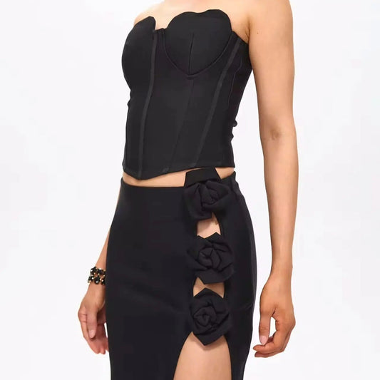 Women's Black High Slit Maxi Evening Skirt with Rose Embellishments