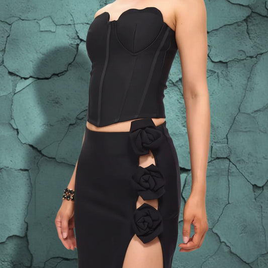 Women's Black High Slit Maxi Evening Skirt with Rose Embellishments