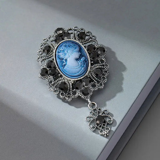 Women's Jeweled Antique Cameo Brooch with Ornate Frame & Vintage Portrait
