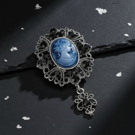 Women's Jeweled Antique Cameo Brooch with Ornate Frame & Vintage Portrait