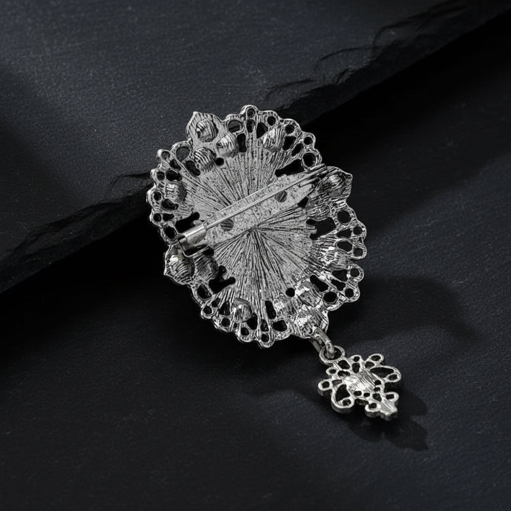 Women's Jeweled Antique Cameo Brooch with Ornate Frame & Vintage Portrait