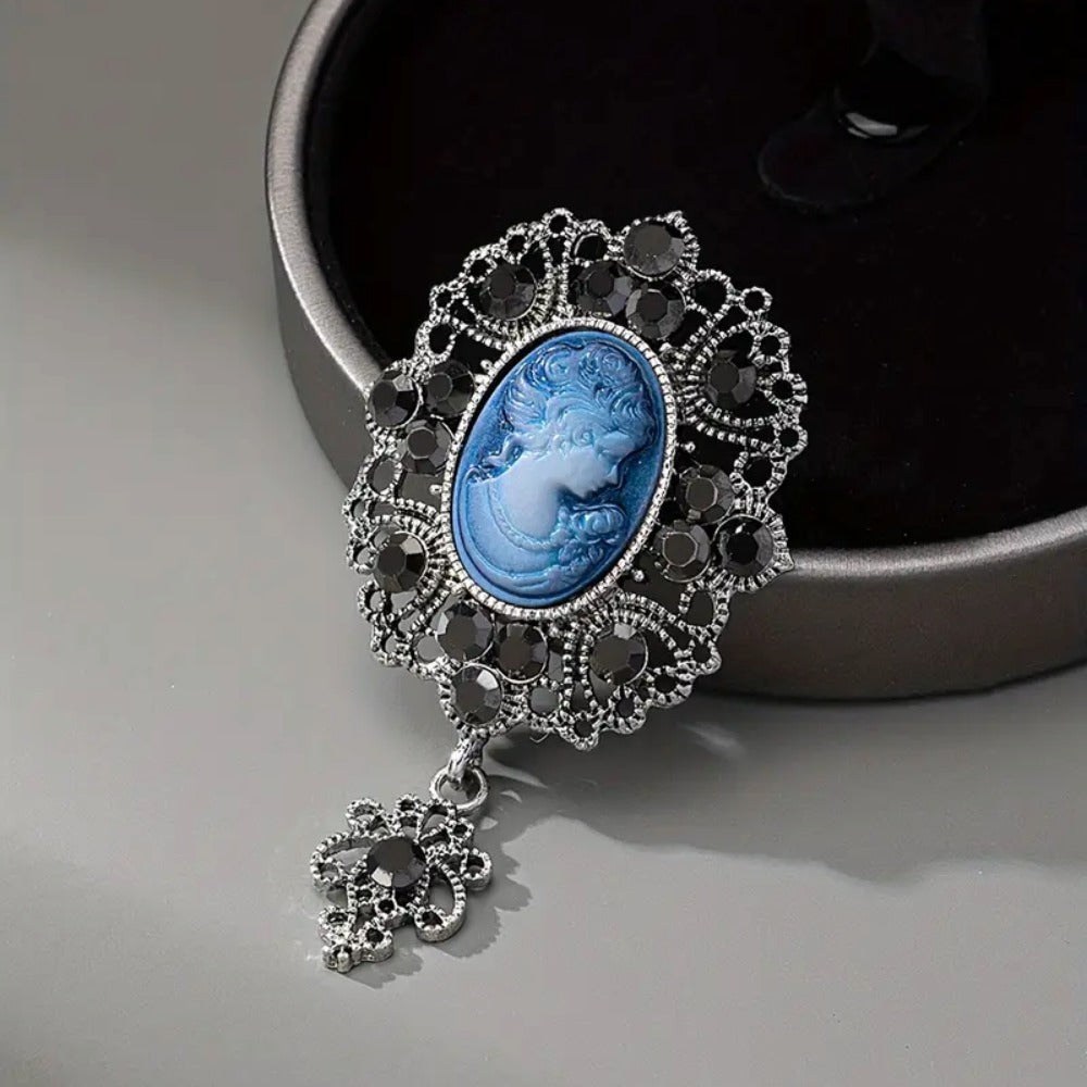 Women's Jeweled Antique Cameo Brooch with Ornate Frame & Vintage Portrait