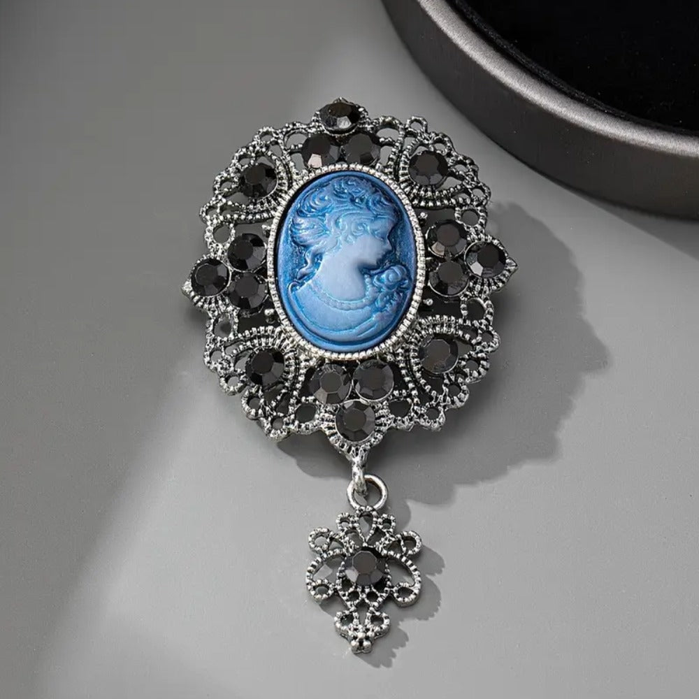 Women's Jeweled Antique Cameo Brooch with Ornate Frame & Vintage Portrait