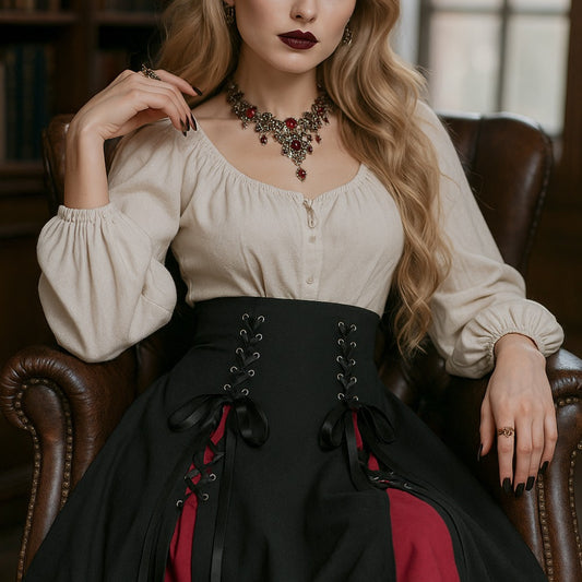 Victorian Gothic Women's Lace-Up A-Line Skirt with Elegant Godet Panels